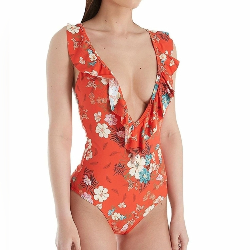 O'Neill Lucy Floral Ruffle One Piece Swimsuit - Red Multi Size Small!